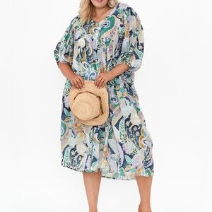 New Mozaic Amelia blue paisley cotton dress puff sleeve size XL babydoll